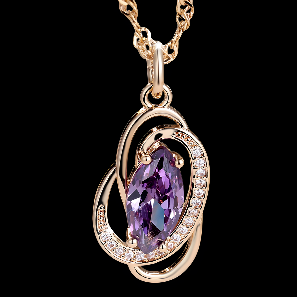 585 Rose Gold Plated Oval Purple Cubic Zirconia Pendant Necklace for Women 1288