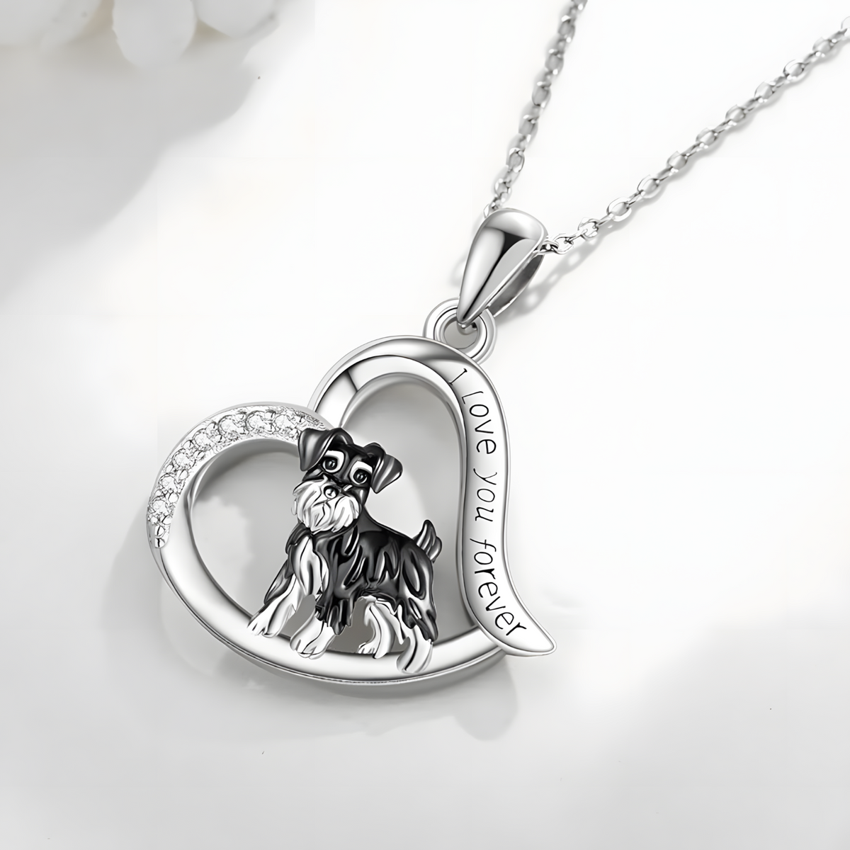 Silver Plated Schnauzer Dog Heart Pendant Necklace 45cm Chain Love Dog 1252
