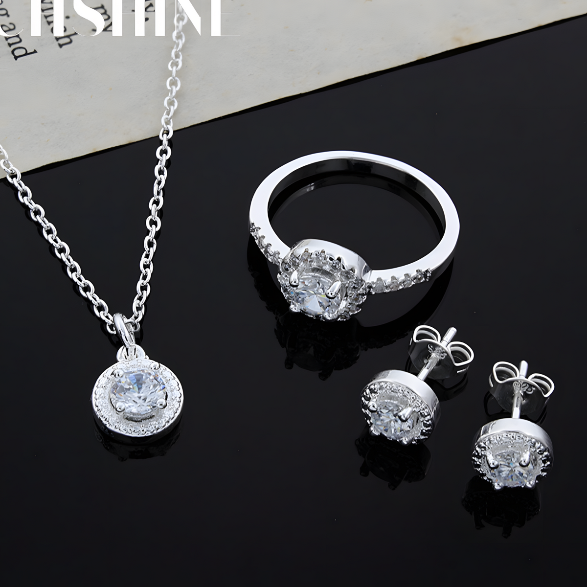 925 Silver-Plated Round Zircon Jewellery Set Halo Necklace, Earrings & Ring 846