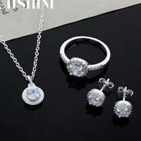925 Silver-Plated Round Zircon Jewellery Set Halo Necklace, Earrings & Ring 846