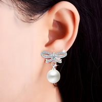 925 Sterling Silver Crystal Bow Pearl Drop Earings Dangle Earrings, Elegant 324