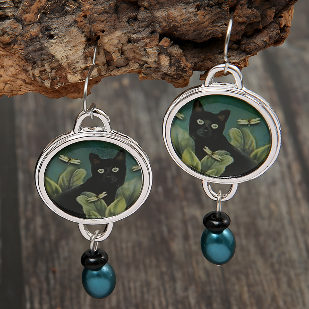 Black Cat Drop Earrings For Women Rhodium-Plated Base Metal Round Cat Motif 1461