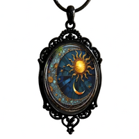 Vintage Sun And Moon Pendant Necklace For Men Women - Black Ornate Frame 1455