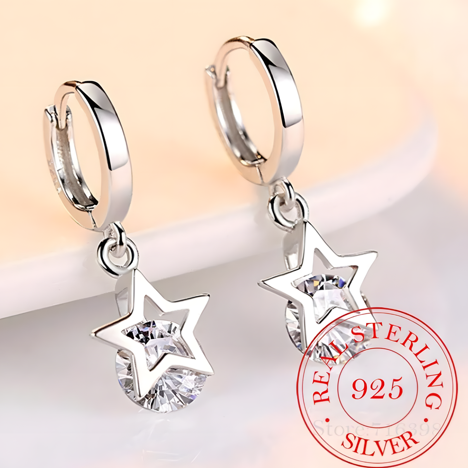 Unified Jewellery 925 Sterling Silver Star Earing Dangle Hoop Cubic Zirconia 478