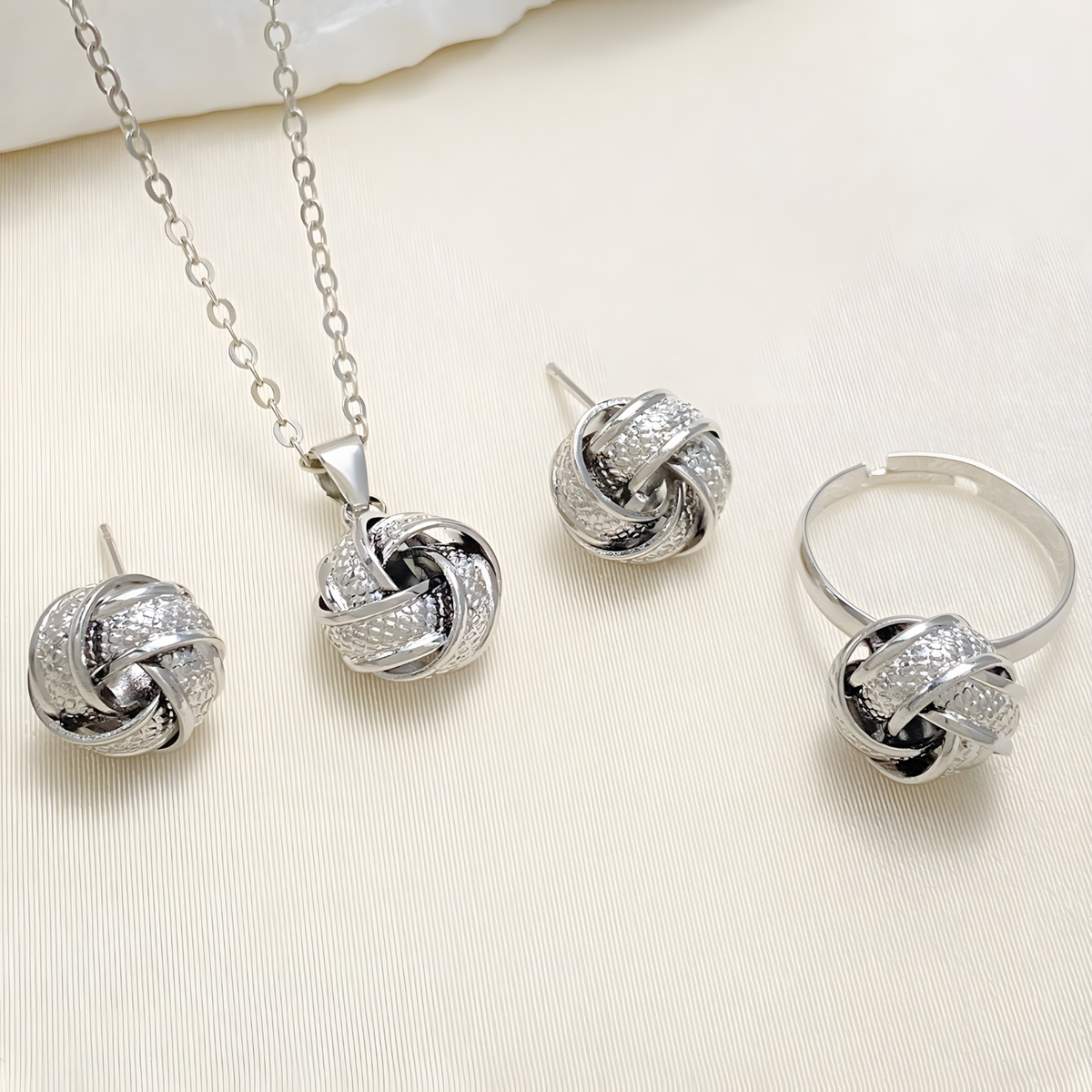 Twisted Knot Jewellery Set For Women, Silver Tone Pendant Necklace Stud 1717