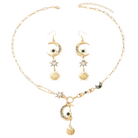 Gold Tone Celestial Moon Star Sun Necklace and Drop Earrings Set, Crescent 1722