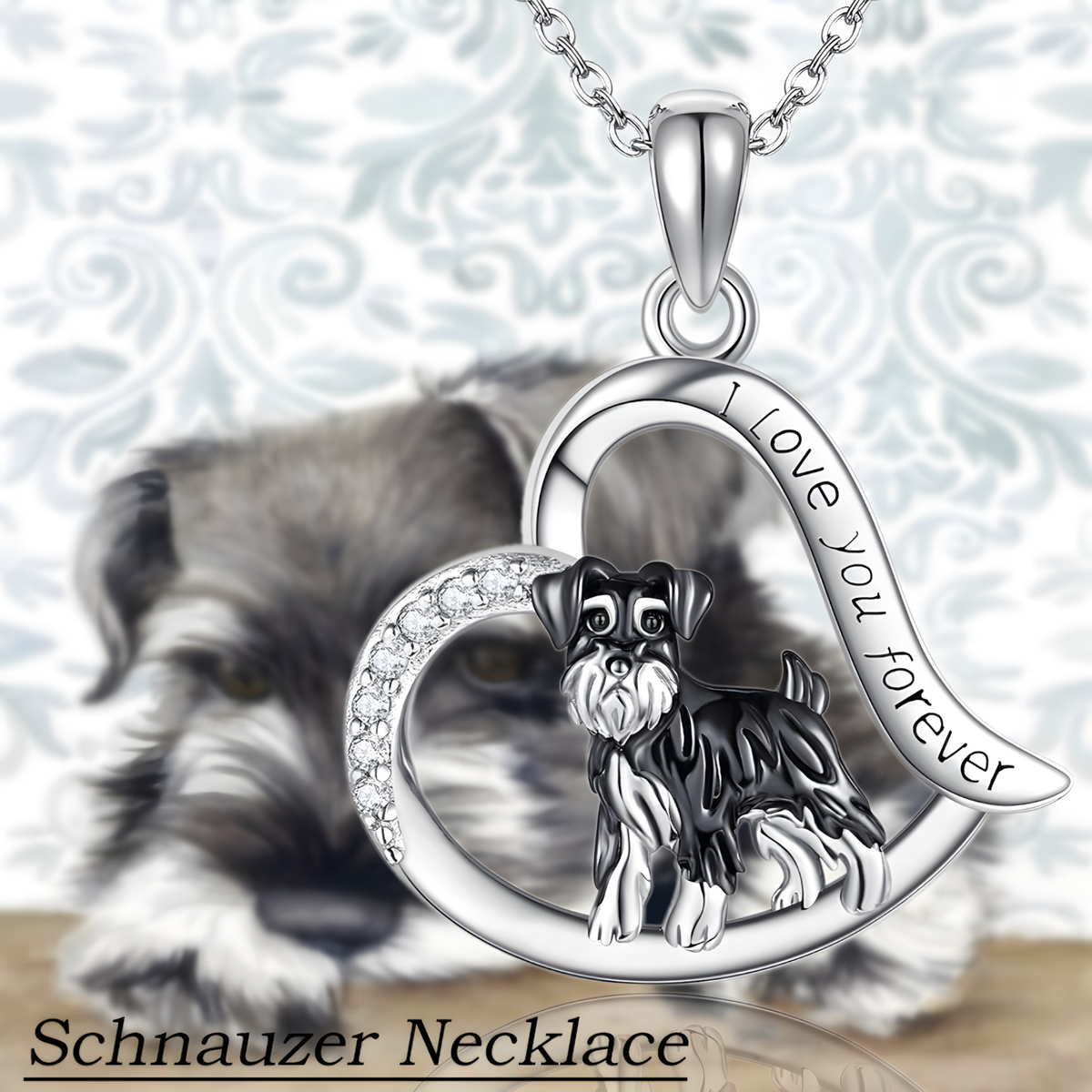 Silver Plated Schnauzer Dog Heart Pendant Necklace 45cm Chain Love Dog 1252