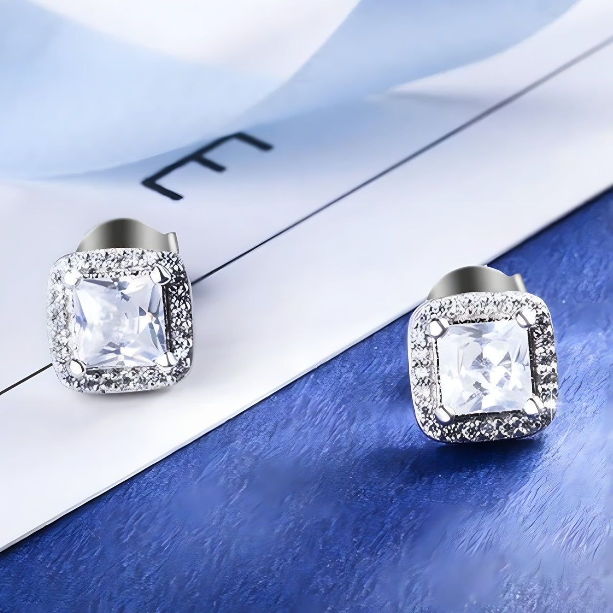 Sterling Silver Princess Cut Cubic Zirconia Stud Earrings Halo Setting 338