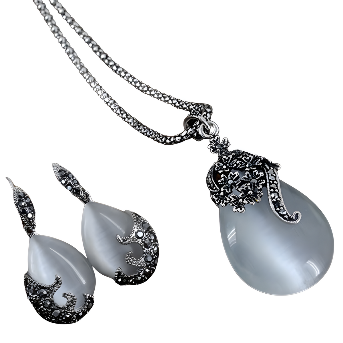 Elegant Silver Tone Teardrop Pendant Necklace Dangle Earrings Jewelry Set B45