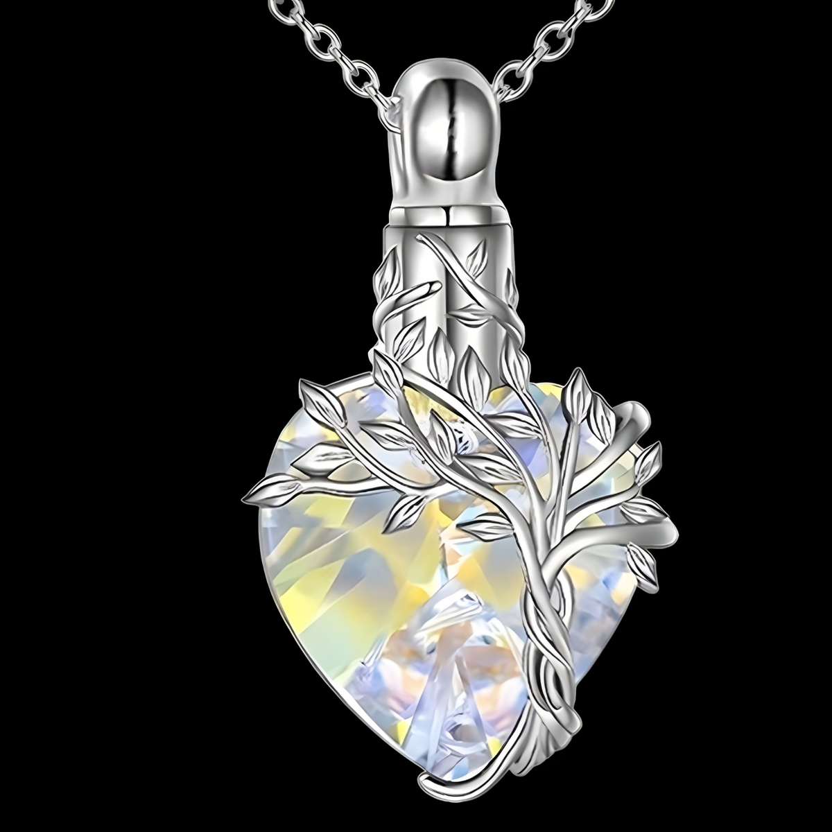 Womens Tree of Life Cremation Necklace Ashes Iridescent Heart-Shaped Crystal B95