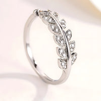 925 Sterling Silver Leaf Ring, Adjustable Open Band CZ Stone Nature Inspired 377