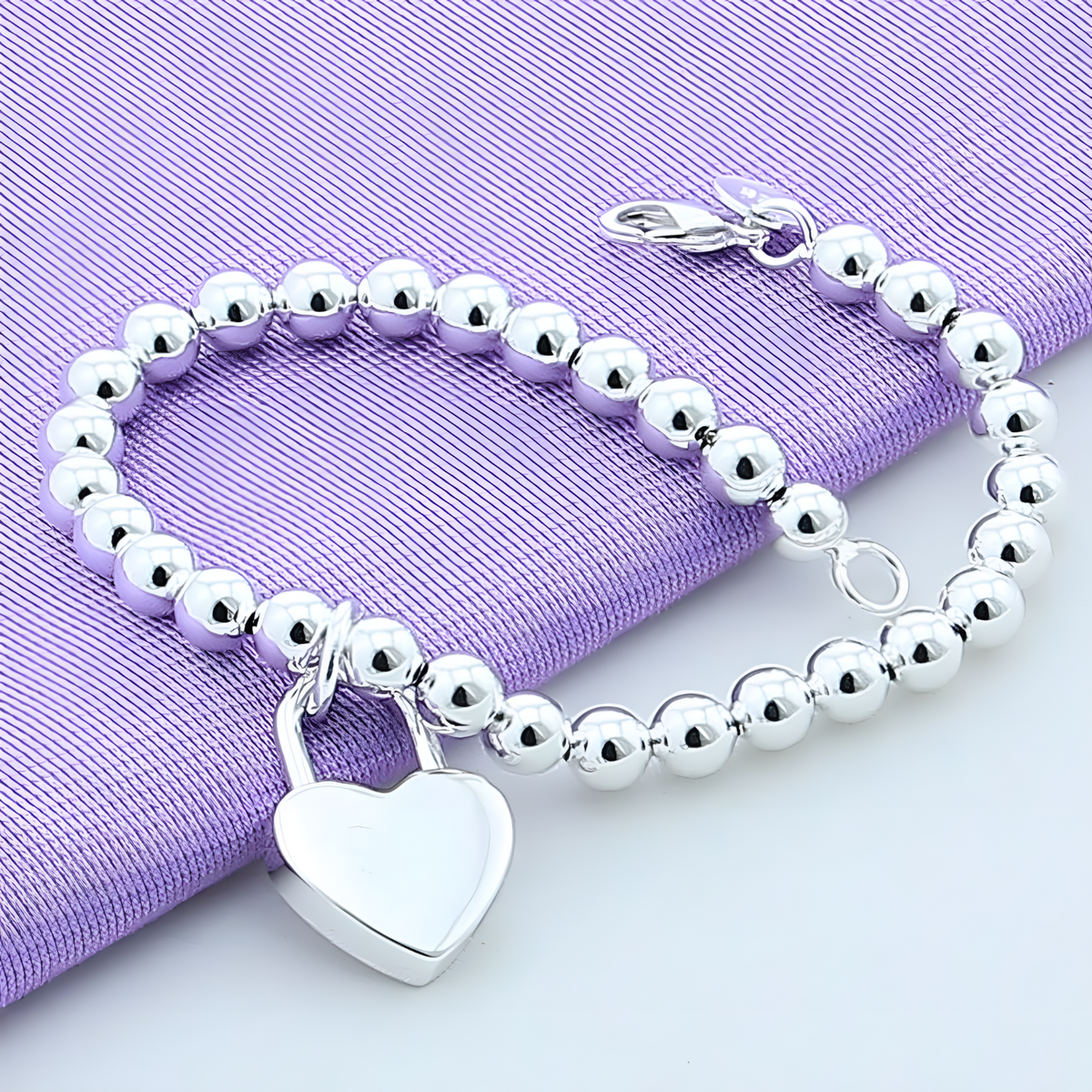 925 Sterling Silver 6MM beads chain charm Heart Pendant Bracelets for Women 1731