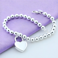 925 Sterling Silver 6MM beads chain charm Heart Pendant Bracelets for Women 1731