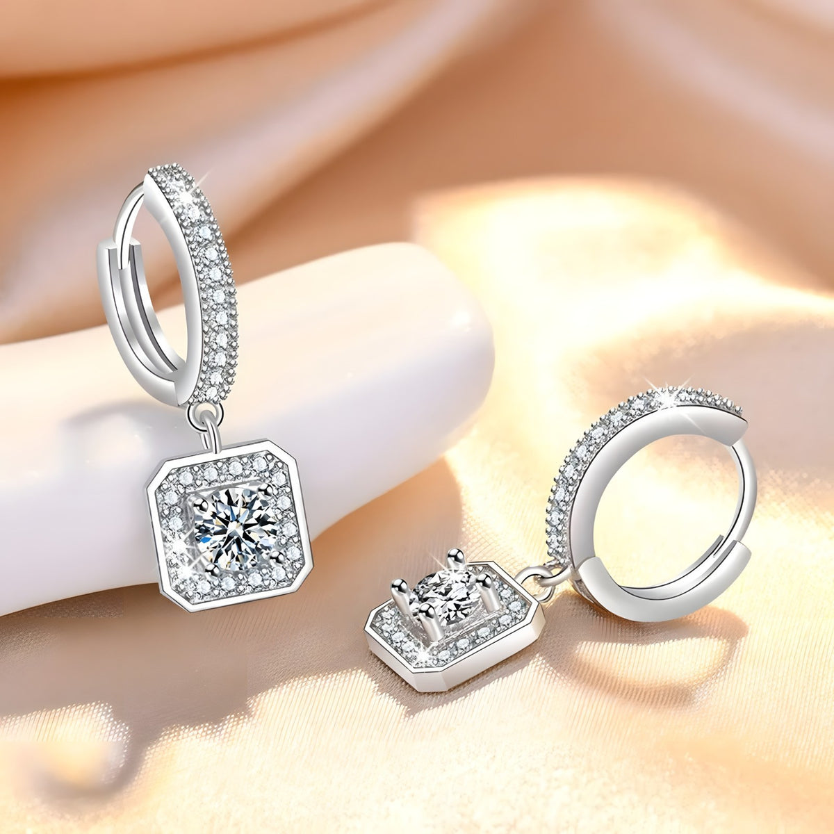 Sterling Silver Square Drop Hoop Earrings Cubic Zirconia Halo Elegant Dangle 345