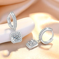 Sterling Silver Square Drop Hoop Earrings Cubic Zirconia Halo Elegant Dangle 345