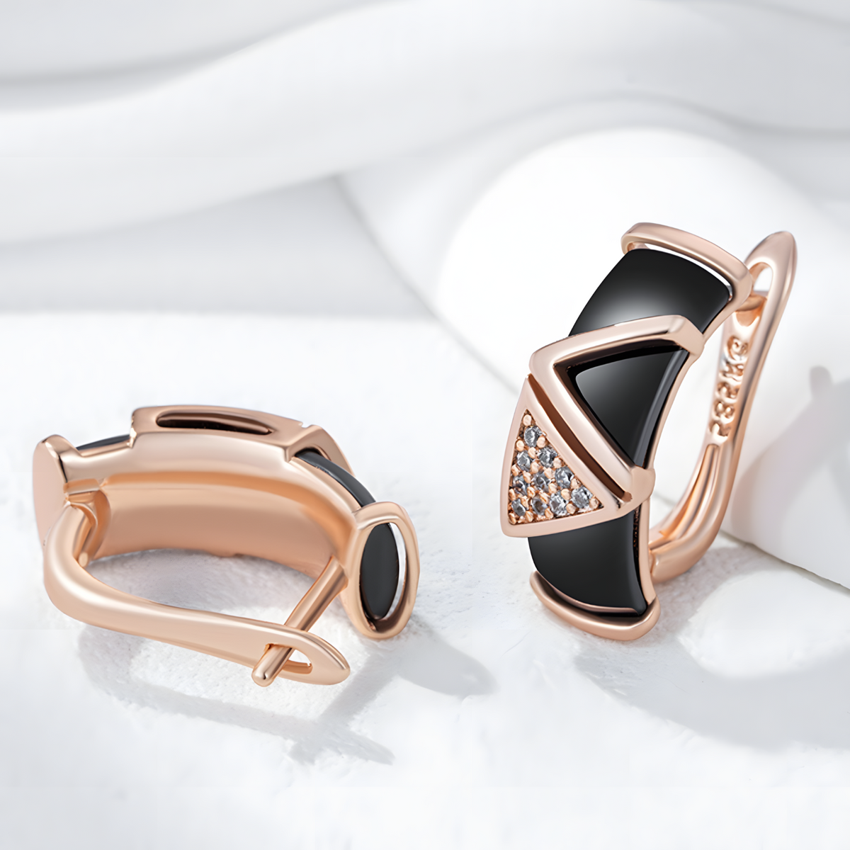 585 Rose Gold Colour Drop Earrings for Women, Copper Metal Black Ceramic 1297