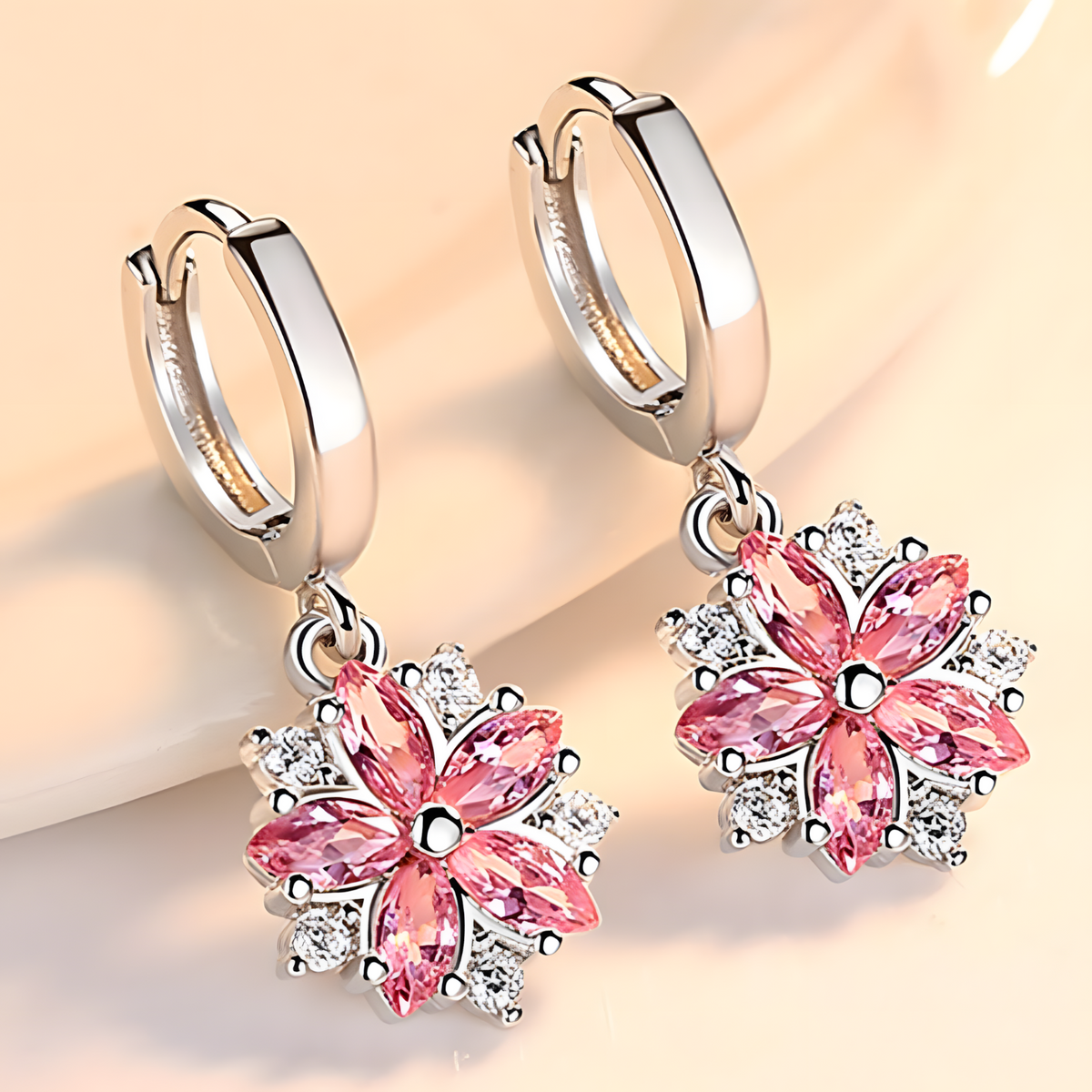 925 Silver-Plated Alloy Pink Petal Zircon Crystal Flower Earrings for Women 1047