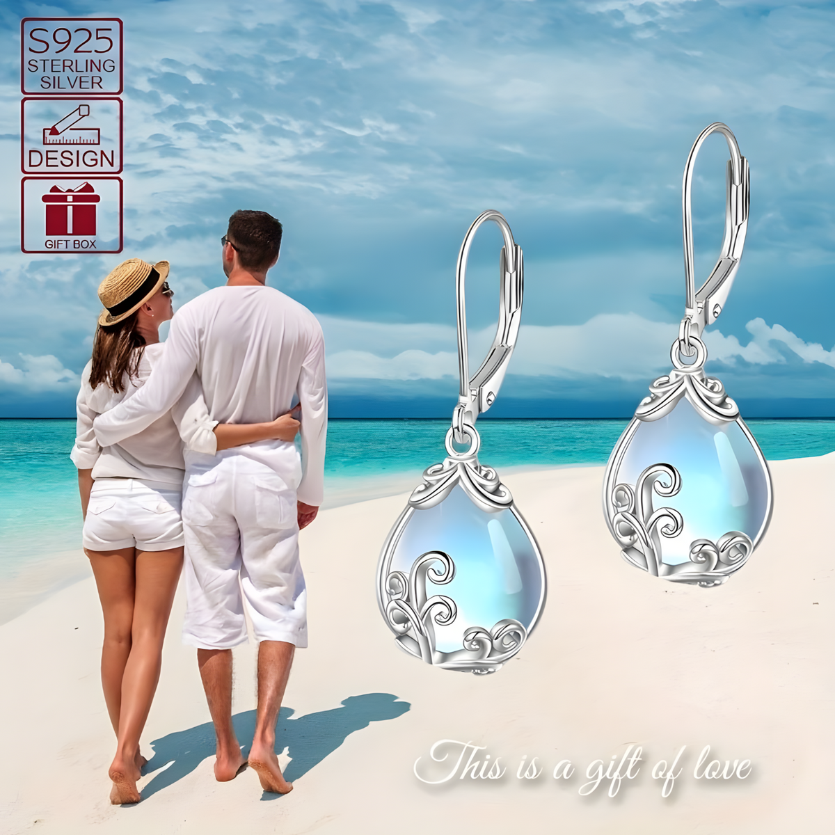 Blue Moonstone Teardrop Dangle Earrings -Filigree Teardrop Dangle Leverback 1451