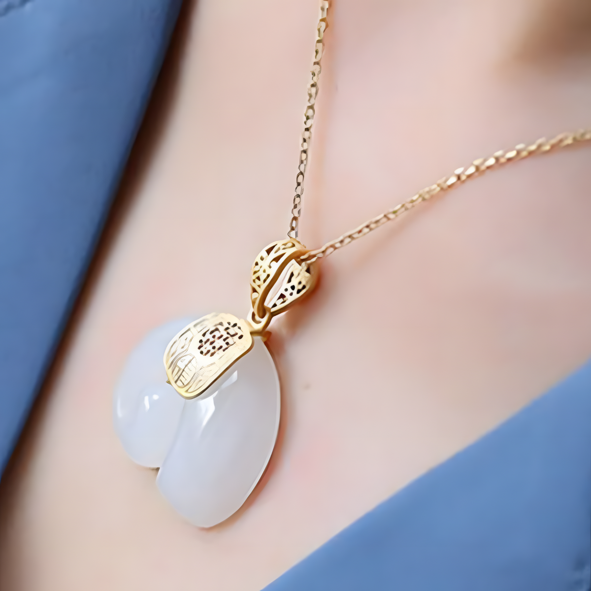 Exquisite 18K Gold Plated Hetian White Jade Pendant Necklace Double Happines B83