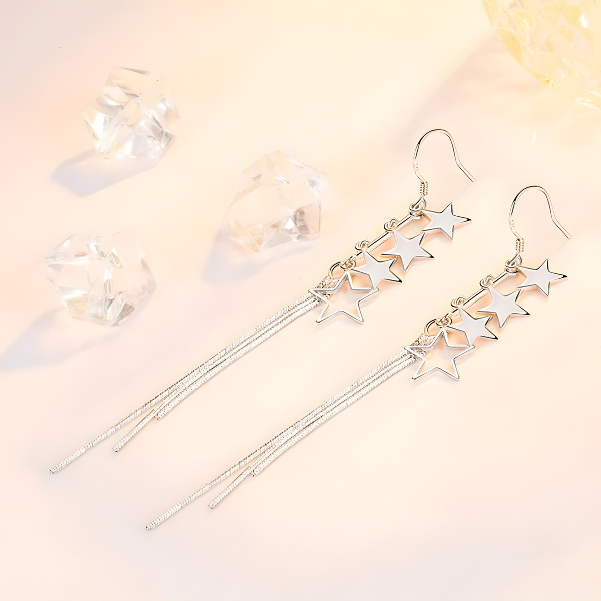 925 Sterling Silver Star Drop Earrings, Long Tassel Dangle, Sparkling 325