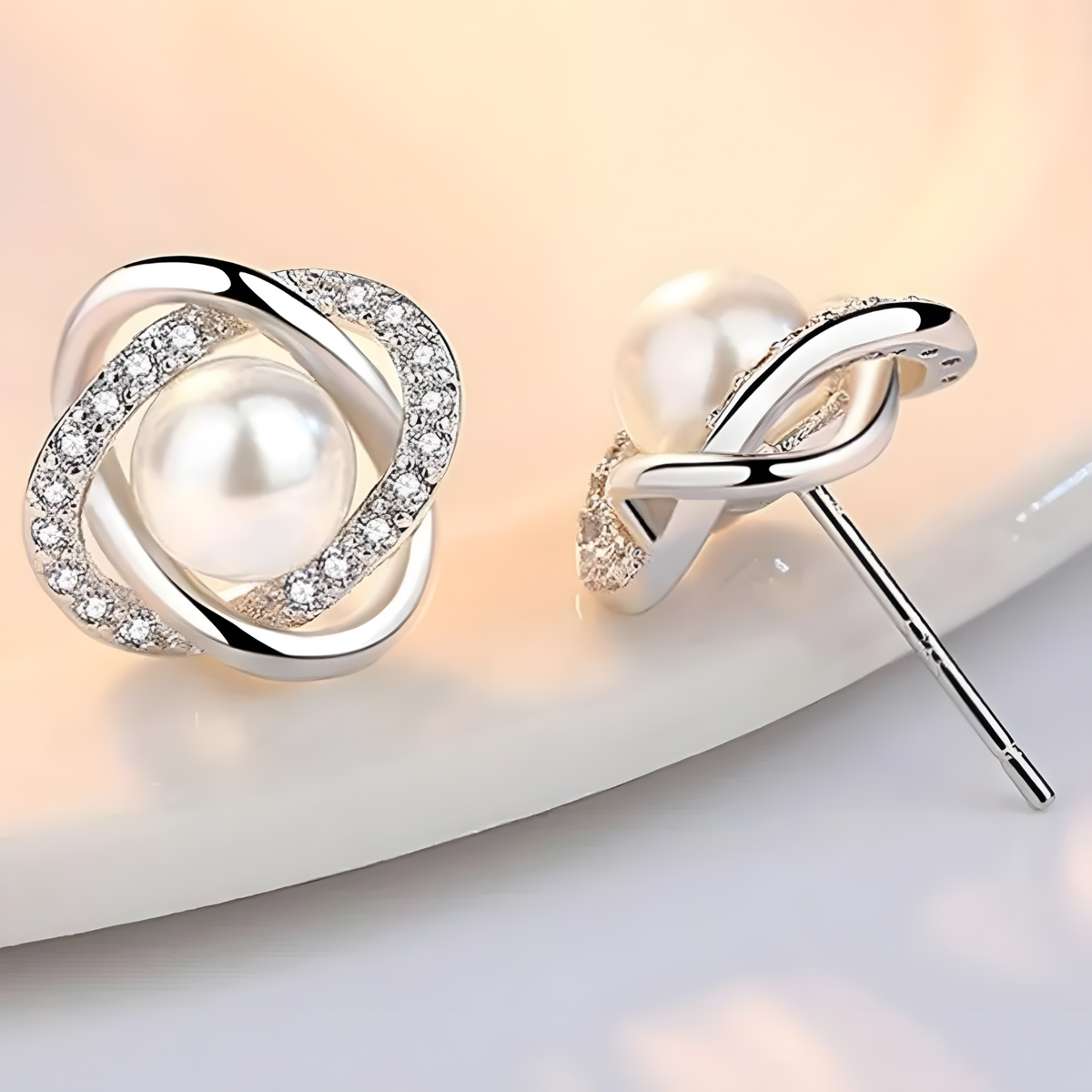925 Silver-Plated Pearl & Crystal Stud Earrings for Women Elegant Round 11mm 899