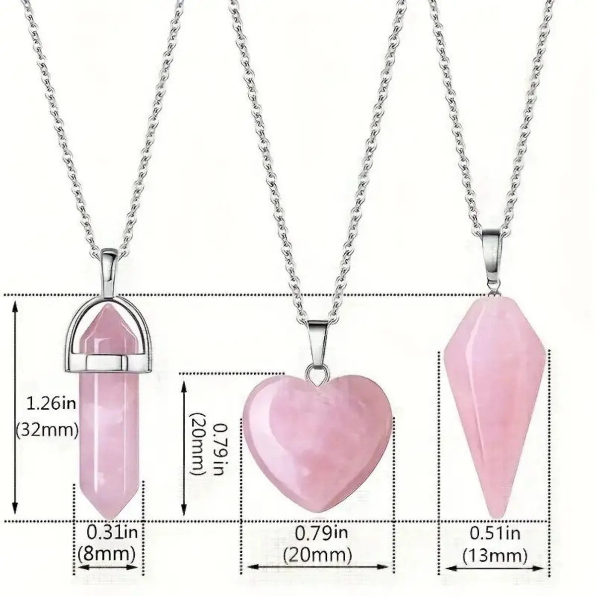 Natural Rose Quartz Necklace Set 3 Piece Healing Crystal Pendant Set Silver 1469