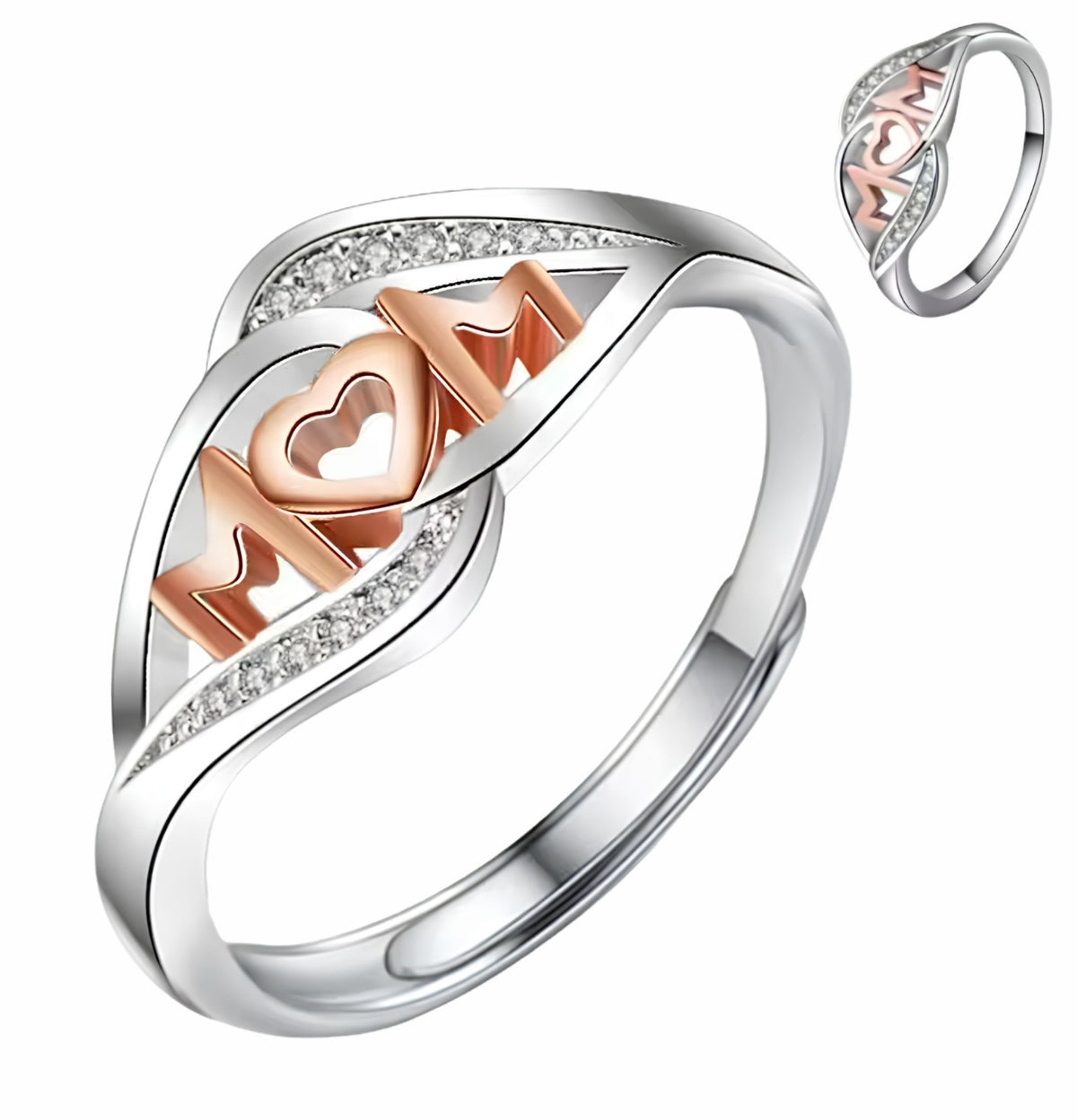 Women's MOM Heart Ring, Adjustable Silver Tone Promise Ring Rose Gold Tone  1646