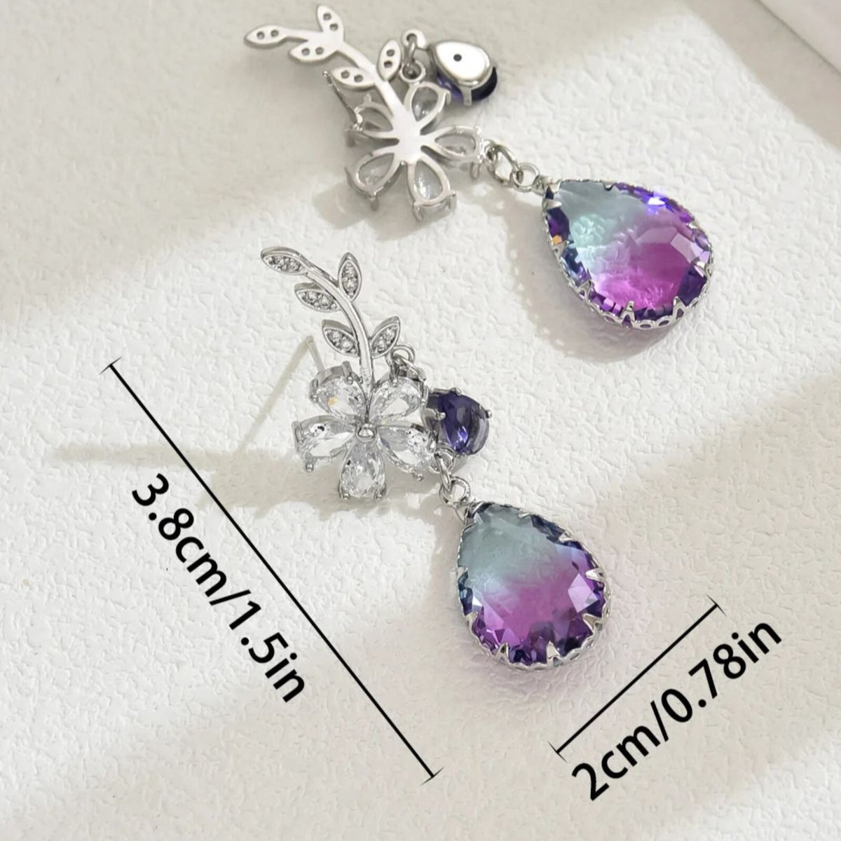 Statement Drop Earrings for Women Silver Plated, Purple & Clear CZ Crystals 294