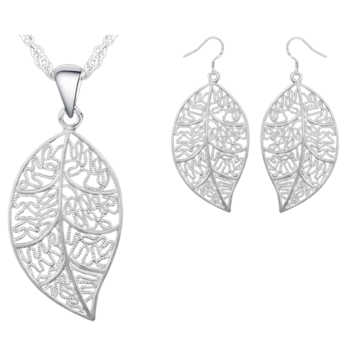 Women’s Leaf Earrings & Pendant Necklace Set – Elegant Filigree Leaf Design B22