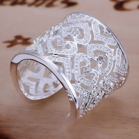 Silver Plated Alloy Wide Filigree Open Cuff Ring Women, Adjustable Resize 1195