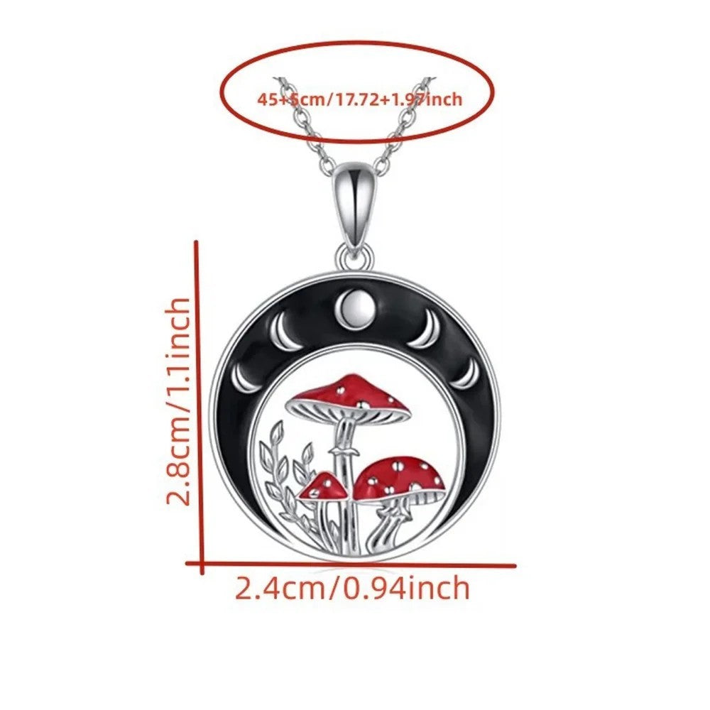 Moon Phase Mushroom Pendant Necklace Silver Plated Gothic Nature Charm B137