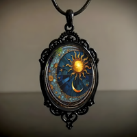 Vintage Sun And Moon Pendant Necklace For Men Women - Black Ornate Frame 1455