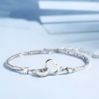 Double Heart Bracelet For Women - Sparkle Stone Charm, Adjustable Bar Link 1792