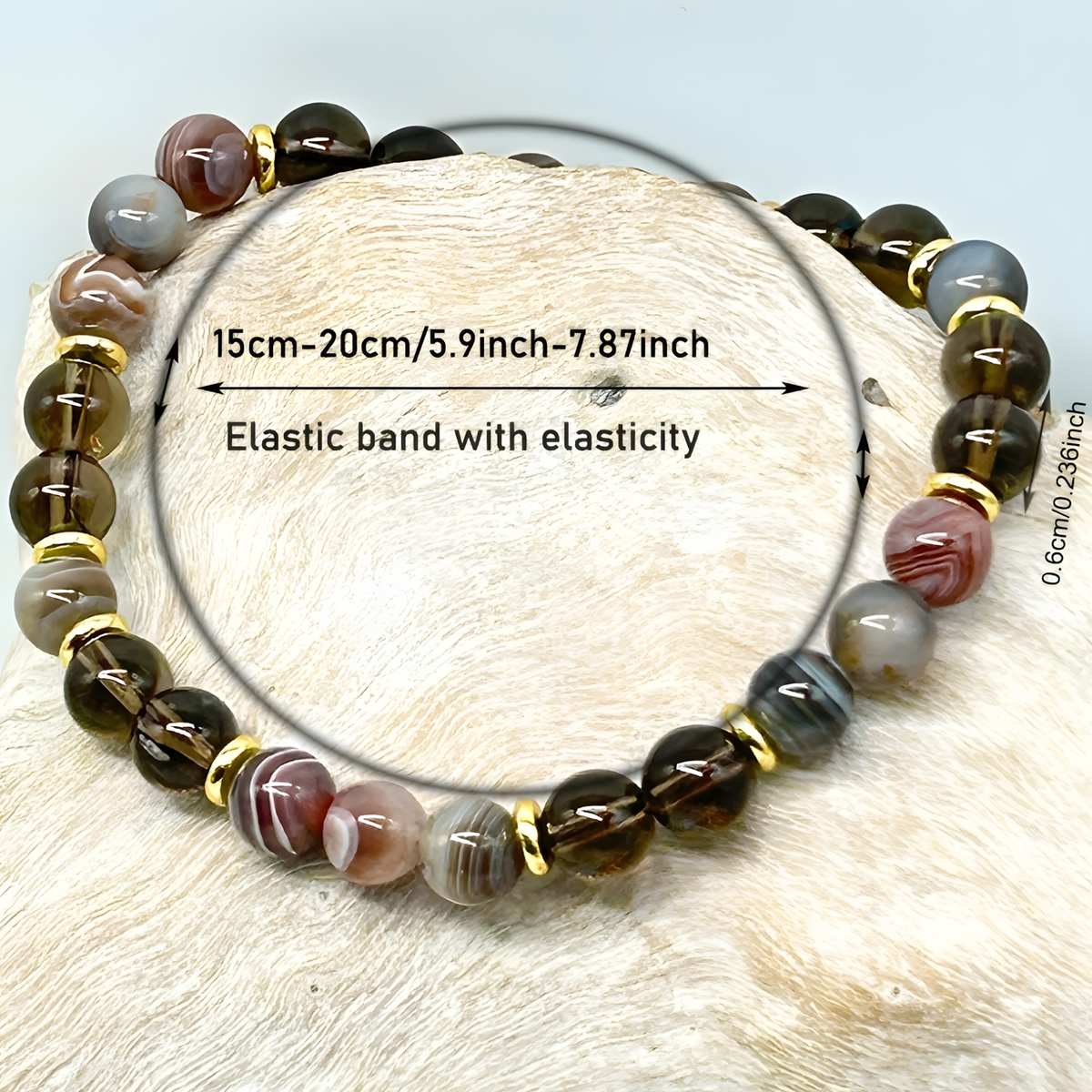 Botswana Agate & Smoky Quartz Beaded Bracelet For Women Gold Tone Plate 1402