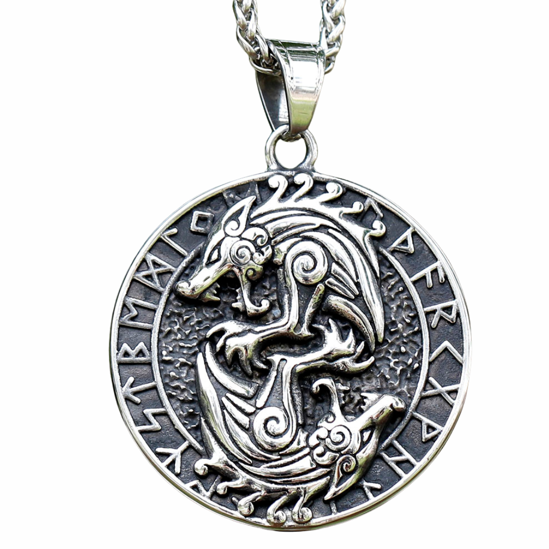 Viking Wolf Pendant Necklace For Men Round Ethnic Nordic Rune Amulet Circle 1129