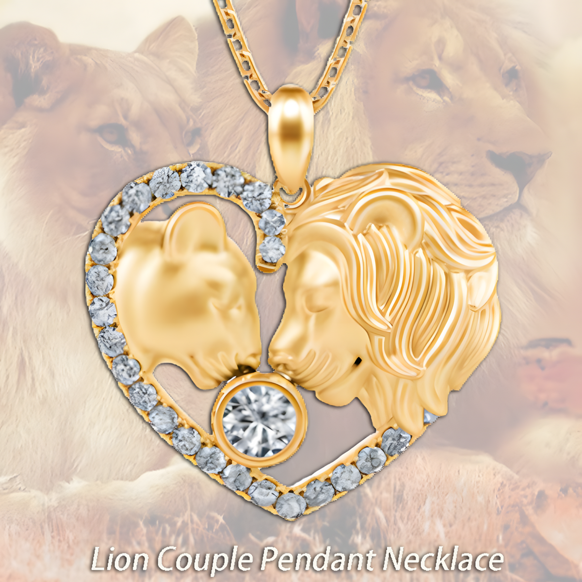 Lion Couple Heart Shape Pendant Necklace Zircon Frame Decoration Valentine B175