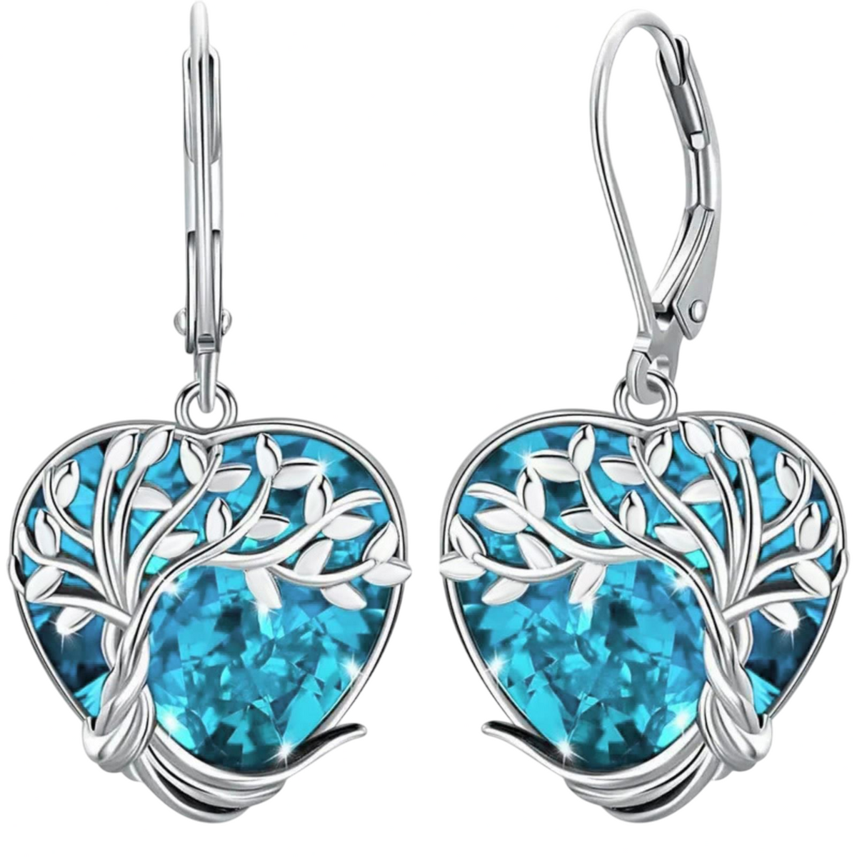 Heart-Shaped Tree of Life Drop Earring with Blue Crystal Sterling Silver 149