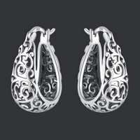Womens 925 Sterling Silver Vine Pattern Hoop Earrings Hinged Snap Closure B47