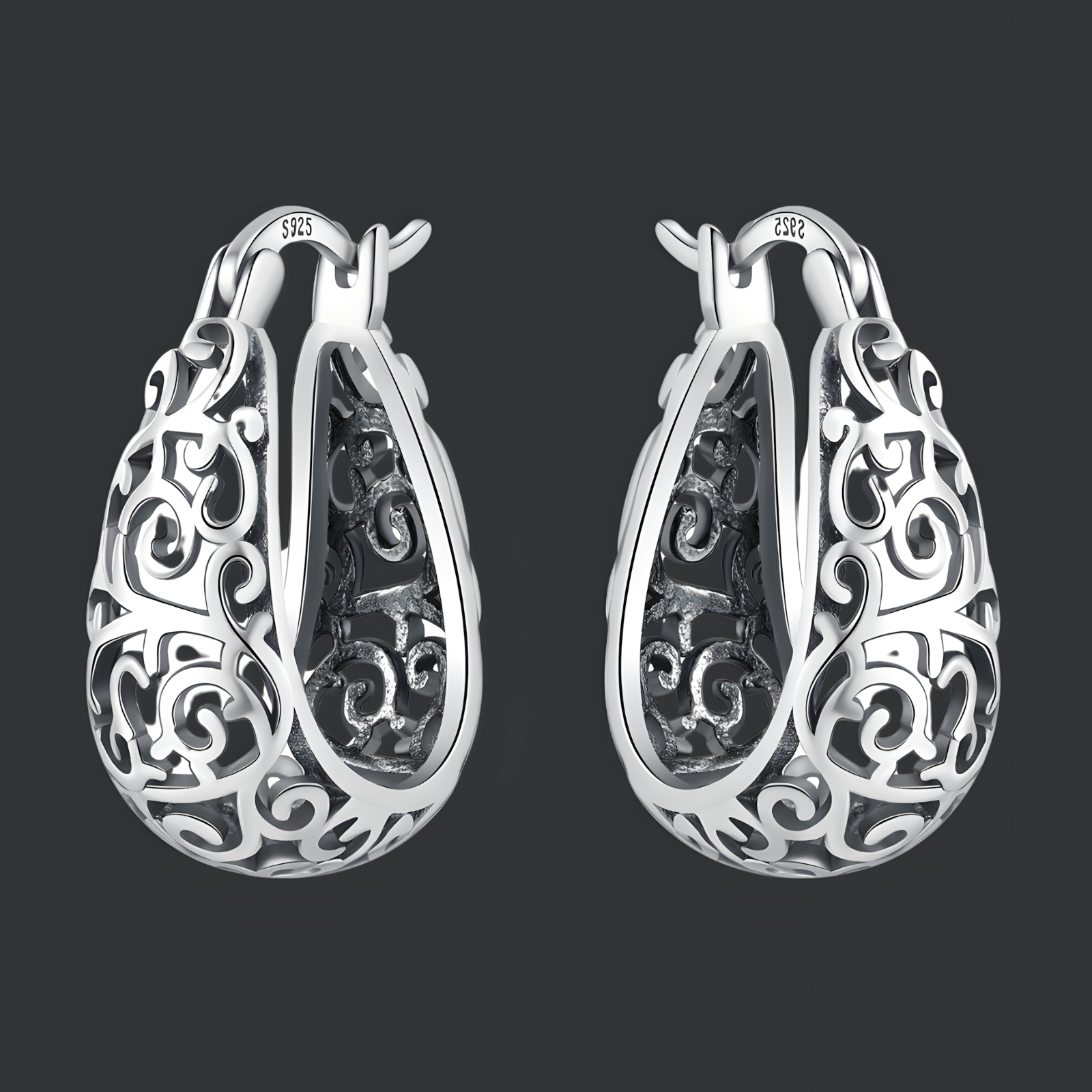 Womens 925 Sterling Silver Vine Pattern Hoop Earrings Hinged Snap Closure B47