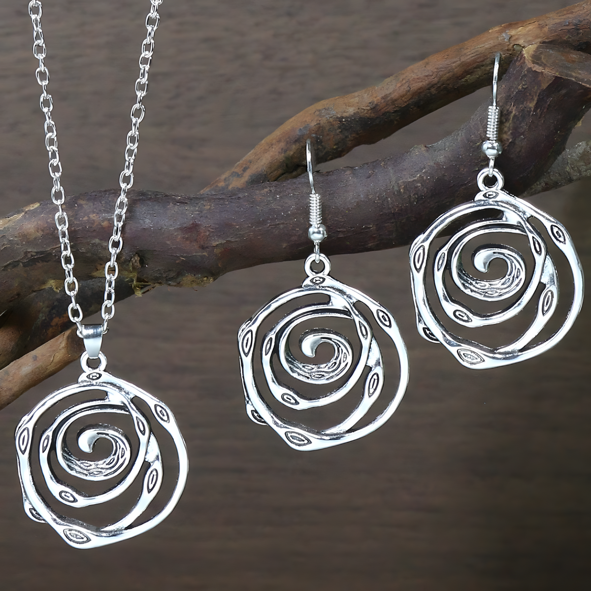 Spiral Rose Jewellery Set Women, Antique Silver Tone Hollow Floral Pendant 1716