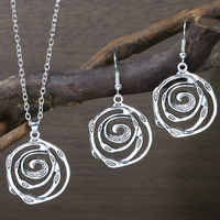 Spiral Rose Jewellery Set Women, Antique Silver Tone Hollow Floral Pendant 1716