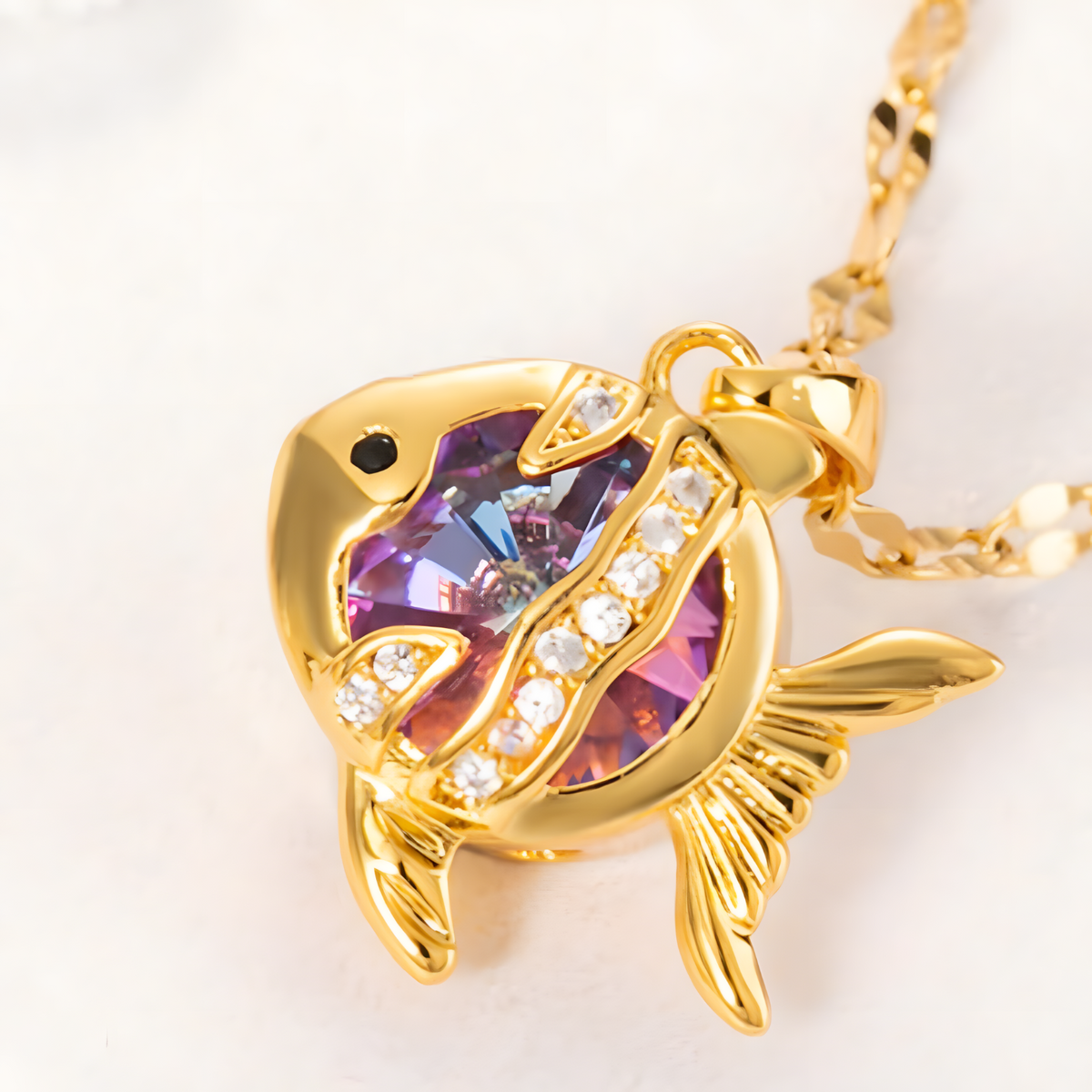 Stainless Steel Gold Colour Fish Pendant Necklace Women – Purple Crystal 1177