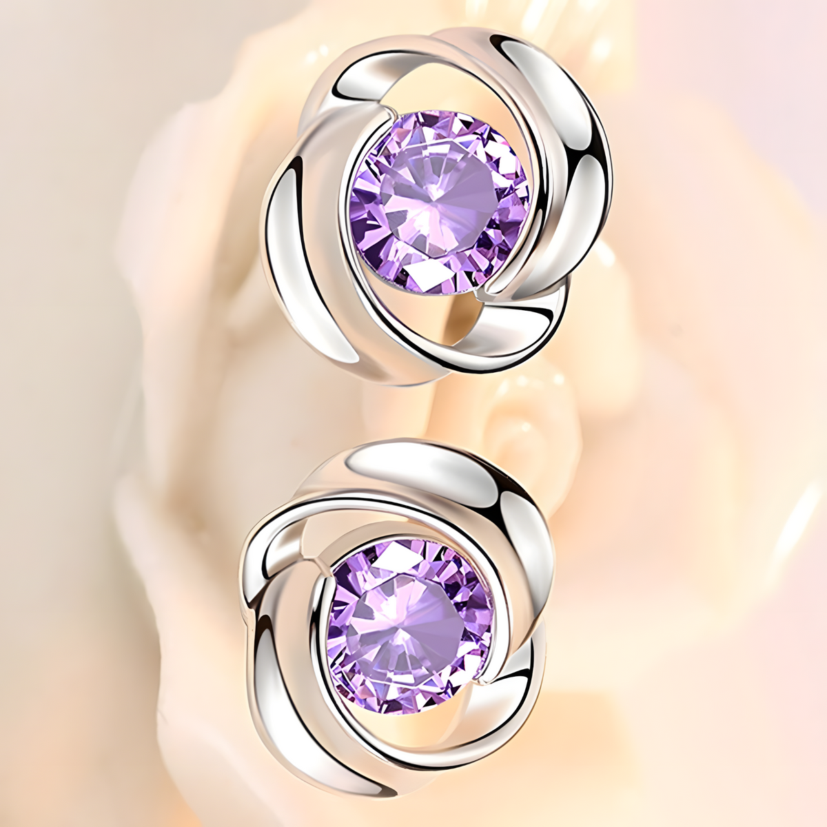 Purple Crystal Swirl Stud Earrings Women Elegant Round Cut CZ in 925 Silver 951