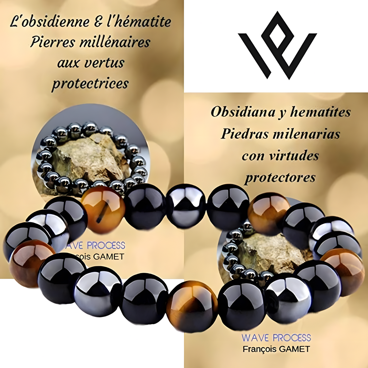 Triple Protection Bracelet 8mm Tiger Eye Black Obsidian Hematite Beaded 1499