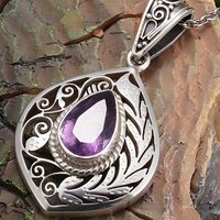Vintage Amethyst Teardrop Pendant Necklace Zinc Silver Tone Filigree Jewelry 571