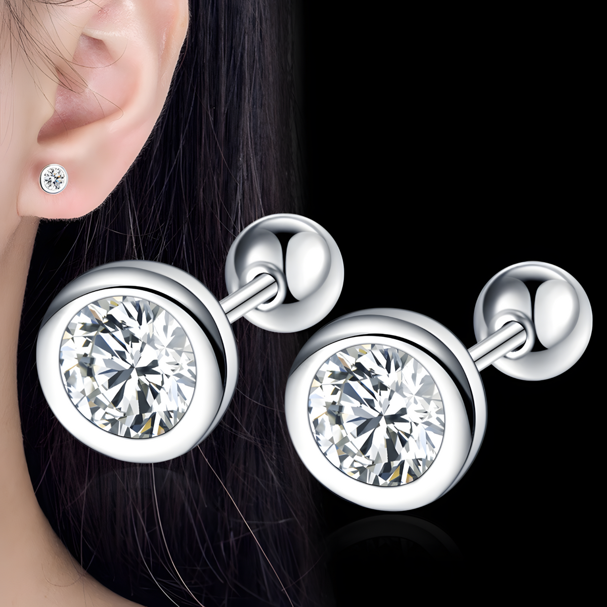 925 Silver-Plated Bezel Round Stud Earrings Clear Zircon Crystal Screw-Back 947