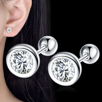925 Silver-Plated Bezel Round Stud Earrings Clear Zircon Crystal Screw-Back 947