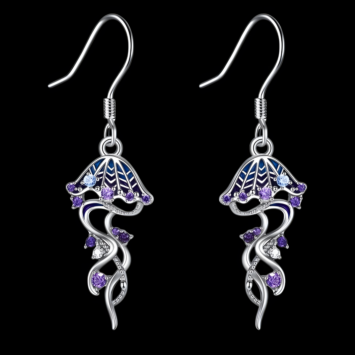 Oceanic Jellyfish Dangle Earrings — Purple Rhinestone & Blue Accent Stones 1432