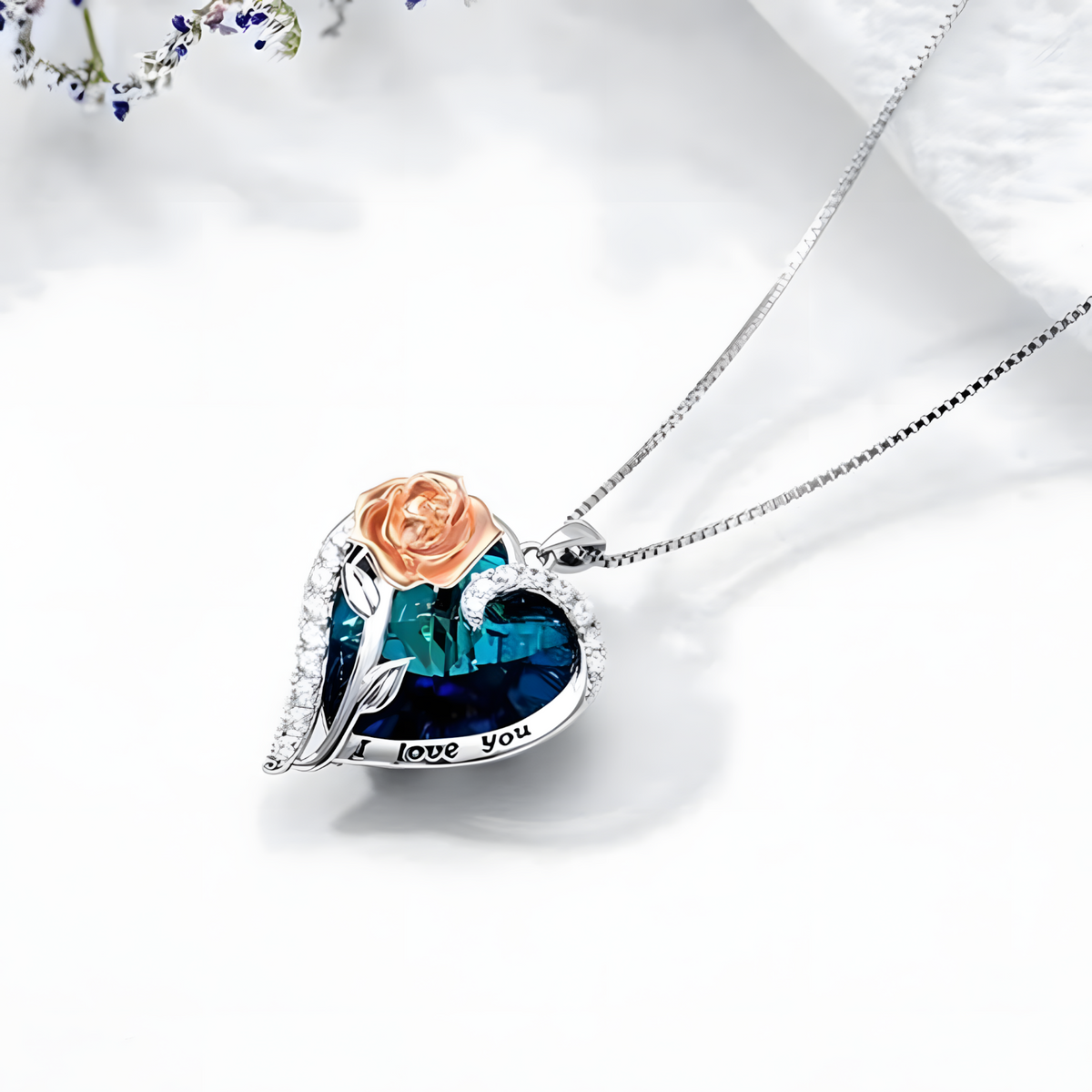 Fashion "I Love You" Rose Flower Pendant Necklace Ladies Heart Crystal Jewel B14