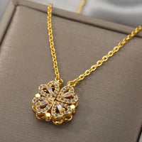 Magnetic Four Leaf Clover Necklace, Gold-Toned Chain, Sparkling CZ Stones 373